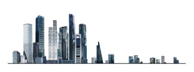 Modern şehir panoraması, cam gökdelenleri ve kurumsal binaları olan illüstrasyon. İş hayatında başarı, uluslararası şirketler, gökdelenler, bankalar ve ofis blokları.