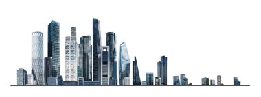 Modern şehir panoraması, cam gökdelenleri ve kurumsal binaları olan illüstrasyon. İş hayatında başarı, uluslararası şirketler, gökdelenler, bankalar ve ofis blokları.