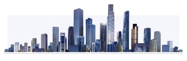 Modern şehir panoraması, cam gökdelenleri ve kurumsal binaları olan illüstrasyon. İş hayatında başarı, uluslararası şirketler, gökdelenler, bankalar ve ofis blokları.