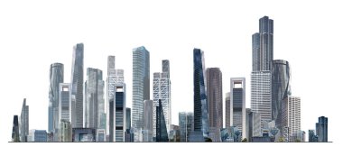 Modern şehir panoraması, cam gökdelenleri ve kurumsal binaları olan illüstrasyon. İş hayatında başarı, uluslararası şirketler, gökdelenler, bankalar ve ofis blokları.