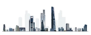 Modern şehir panoraması, cam gökdelenleri ve kurumsal binaları olan illüstrasyon. İş hayatında başarı, uluslararası şirketler, gökdelenler, bankalar ve ofis blokları.