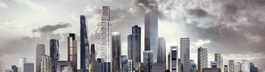 Modern şehir panoraması, cam gökdelenleri ve kurumsal binaları olan illüstrasyon. İş hayatında başarı, uluslararası şirketler, gökdelenler, bankalar ve ofis blokları.