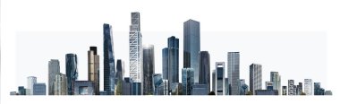 Modern şehir panoraması, cam gökdelenleri ve kurumsal binaları olan illüstrasyon. İş hayatında başarı, uluslararası şirketler, gökdelenler, bankalar ve ofis blokları.