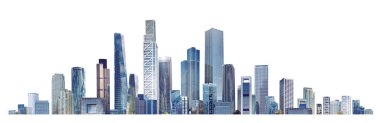 Modern şehir panoraması, cam gökdelenleri ve kurumsal binaları olan illüstrasyon. İş hayatında başarı, uluslararası şirketler, gökdelenler, bankalar ve ofis blokları.