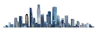 Modern şehir panoraması, cam gökdelenleri ve kurumsal binaları olan illüstrasyon. İş hayatında başarı, uluslararası şirketler, gökdelenler, bankalar ve ofis blokları.