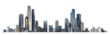 Modern şehir panoraması, cam gökdelenleri ve kurumsal binaları olan illüstrasyon. İş hayatında başarı, uluslararası şirketler, gökdelenler, bankalar ve ofis blokları.