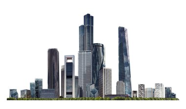 Modern şehir panoraması, cam gökdelenleri ve kurumsal binaları olan illüstrasyon. İş hayatında başarı, uluslararası şirketler, gökdelenler, bankalar ve ofis blokları.