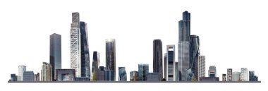 Modern şehir panoraması, cam gökdelenleri ve kurumsal binaları olan illüstrasyon. İş hayatında başarı, uluslararası şirketler, gökdelenler, bankalar ve ofis blokları.