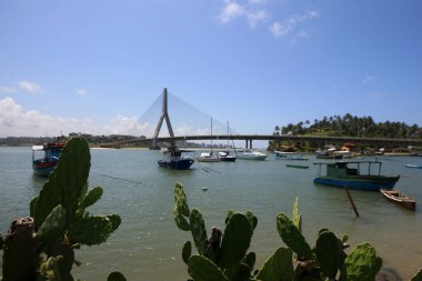 İlheus, Bahia, Brezilya - 7 Ekim 2022: Jorge Amado köprüsünün manzarası - Ilheus şehrinde kablo destekli yapı.