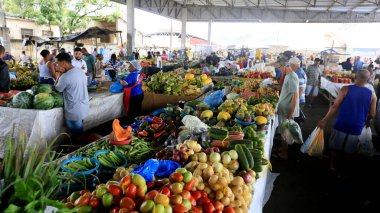 Feira de Santana, Bahia, Brezilya - 23 Nisan 2023: Feira de Santana kentindeki Feira da Estacao Nova 'da tüccar ve müşteriler görüldü..