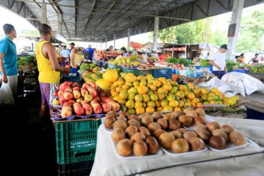 Feira de Santana, Bahia, Brezilya - 23 Nisan 2023: Feira de Santana kentindeki Feira da Estacao Nova 'da tüccar ve müşteriler görüldü..