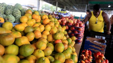 Feira de Santana, Bahia, Brezilya - 23 Nisan 2023: Feira de Santana kentindeki Feira da Estacao Nova 'da tüccar ve müşteriler görüldü..