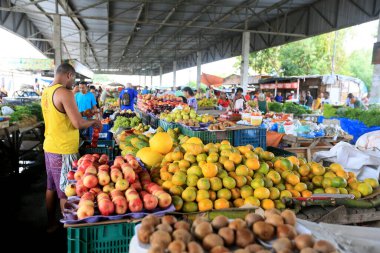 Feira de Santana, Bahia, Brezilya - 23 Nisan 2023: Feira de Santana kentindeki Feira da Estacao Nova 'da tüccar ve müşteriler görüldü..