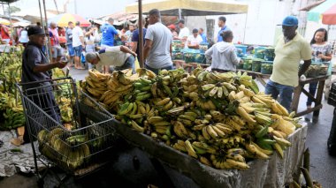 Feira de Santana, Bahia, Brezilya - 23 Nisan 2023: Feira de Santana kentindeki Feira da Estacao Nova 'da tüccar ve müşteriler görüldü..