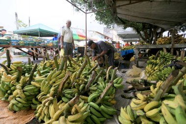 Feira de Santana, Bahia, Brezilya - 23 Nisan 2023: Feira de Santana kentindeki Feira da Estacao Nova 'da tüccar ve müşteriler görüldü..