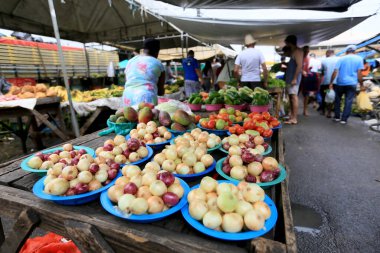 Feira de Santana, Bahia, Brezilya - 23 Nisan 2023: Feira de Santana kentindeki Feira da Estacao Nova 'da tüccar ve müşteriler görüldü..