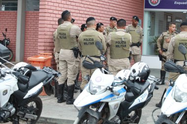 Feira de Santana, Bahia, Brezilya - 23 Nisan 2023: Feira de Santana kentinde polis operasyonu sırasında Bahia Askeri Polisi görüldü.