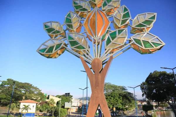 Gandu, bahia, brezil- 19 Mayıs 2023: kakao ağacındaki bir adam tarafından şekillendirilen heykel. Gandu şehrinde sanat eseri görüldü.