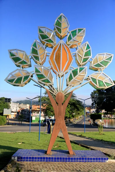 Gandu, bahia, brezil- 19 Mayıs 2023: kakao ağacındaki bir adam tarafından şekillendirilen heykel. Gandu şehrinde sanat eseri görüldü.