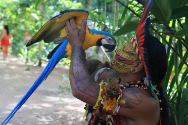 Porto seguro, bahia, brezil- 1 Ağustos 2023: Porto Seguro kentindeki Jaqueira köyünde Aragwaka festivalinde görülen Etina Pataxo yerlileri.