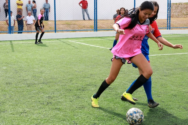 爆撃機イエス バービア ブラジル 2023年11月6日 女の子は合成草原でサッカーをしているのを見られました ストック画像