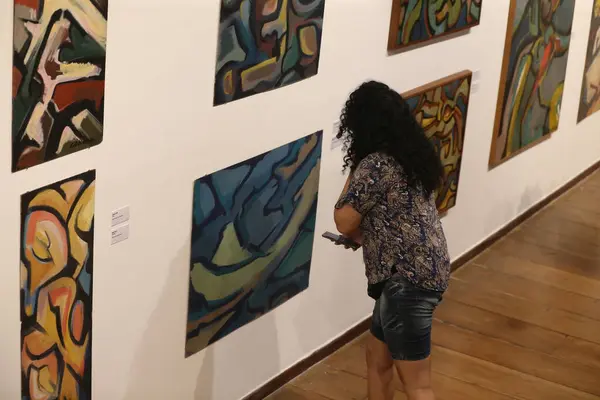 stock image salvador, bahia, brazil - august 29, 2023: people are seen visiting an exhibition of works of art displayed at the MAM modern art museum - in the city of Salvador