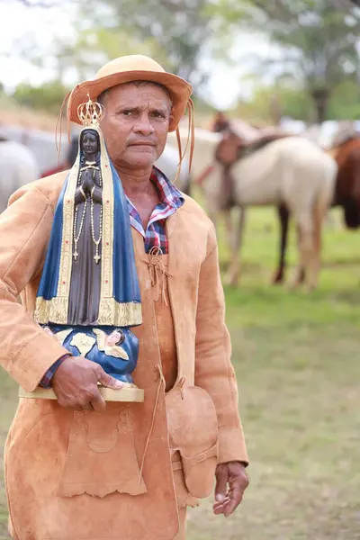 stock image curaca, bahia, brazil - july 7, 2024: Northeastern cowboy takes part in the mass in honor of his profession in the city of Curaca.