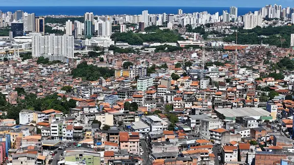 Salvador, Bahia, Brezilya - 29 Haziran 2024: Gecekondu mahallesindeki evlerin ve Salvador şehrindeki yerleşim yerlerinin havadan görünüşü.