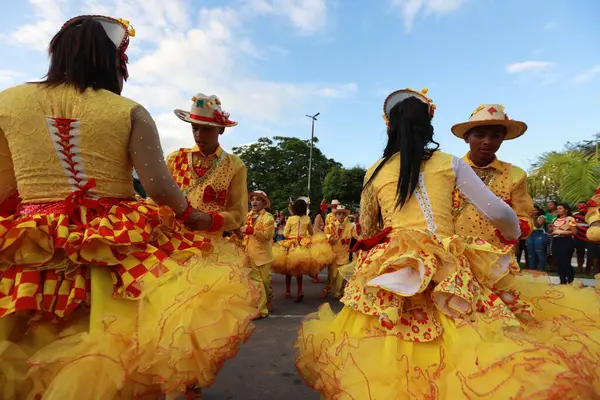 stock image olindina, bahia, brazil - june 22, 2024: group dancing square dance at the festivities of Sao Joao in the city of Olindina.