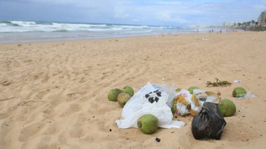 Salvador, Bahia, Brezilya - 23 Eylül 2024: Salvador şehrindeki kumsalda çöp yığını.