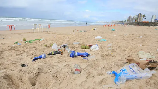 Salvador, Bahia, Brezilya - 23 Eylül 2024: Salvador şehrindeki kumsalda çöp yığını.