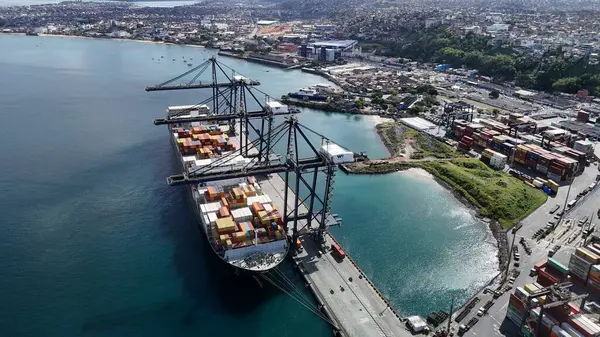 stock image salvador, bahia, brazil - september 25, 2024: aerial view of a ship moored in the port of the city of Salvador.