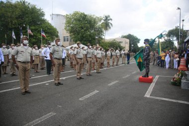 Salvador, Bahia, Brezilya - 17 Şubat 2022: Salvador 'daki Vila Militar' da düzenlenen törende Bahia Askeri Polisi üyeleri görüldü.