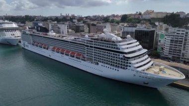 Salvador, Bahia, Brezilya - 17 Aralık 2024: Salvador limanında demirlemiş bir yolcu gemisinin hava görüntüsü.