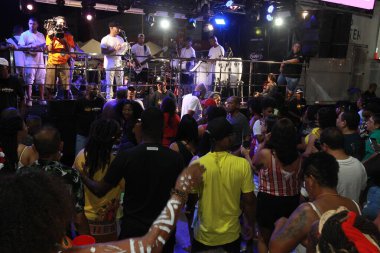 salvador, bahia, brazil - april 23, 2023: precursion band during micareta in the city of Feira de Santana. clipart