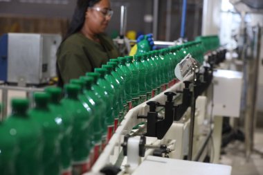 Mata de Sao Joao, Bahia, Brezilya - 15 Nisan 2025: Bahia 'daki bir fabrikada kimyasal üretim bandında çalışan kadın.