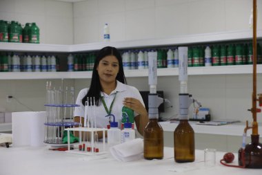 Mata de Sao Joao, Bahia, Brezilya - 15 Nisan 2025: Bahia 'da bir kimya endüstrisinde çalışan kadın.