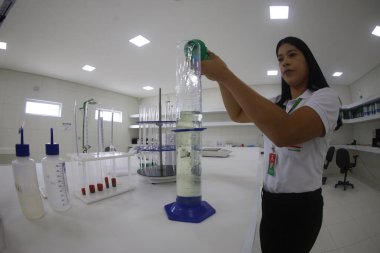 Mata de Sao Joao, Bahia, Brezilya - 15 Nisan 2025: Bahia 'da bir kimya endüstrisinde çalışan kadın.