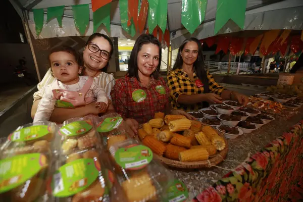 Tanhacu, Bahia, Brezilya - 31 Mayıs 2025: Sao Joao şenlikleri sırasında Bahia 'nın iç kesimlerindeki bir haziran festivalinde yiyeceklerle birlikte tipik bir tezgah.