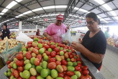 jequie, bahia, brrazil - 13 Haziran 2025: Meyve, sebze, bakla ve yeşillik satan bir pazar yeri manzarası.