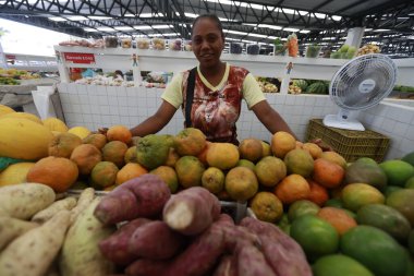 jequie, bahia, brrazil - 13 Haziran 2025: Meyve, sebze, bakla ve yeşillik satan bir pazar yeri manzarası.