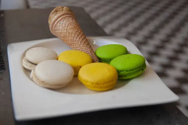 Lot French Macaron Different Colors Cone Ice Cream White Plate — Stock Photo, Image