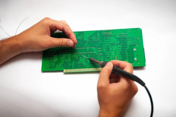 Man Hands Soldering Components Pcb Soldering Iron Concept Diy — Stock Photo, Image
