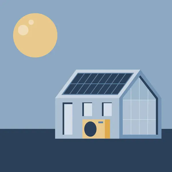 stock vector Flat illustration of simple modern home with photovoltaic on the roof and heat pump. Eco building using green energy.