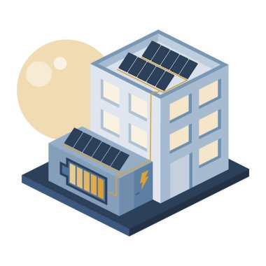 Illustration of eco friendly building with photovoltaic modules on the roof and energy storage container.  clipart