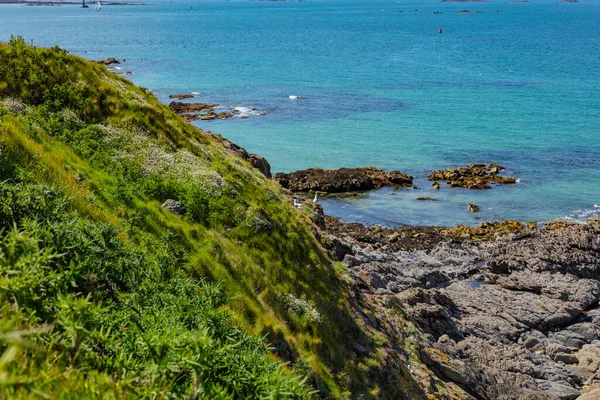 Adadan denize doğru güzel bir manzara, küçük adalar ve yeşil bir yamaç, Saint Malo, Fransa