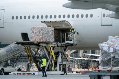 İşçiler kargo lojistik konteynerlerini bir uçağa yüklüyorlar. Hava taşımacılığı, havaalanındaki modern yük uçağına yüklenmeye hazır olun..