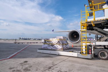 Hava kargo lojistik konteynerleri bir uçağa yükleniyor. Hava taşımacılığı, havaalanındaki modern yük uçağına yüklenmeye hazır olun..