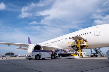 Hava kargo lojistik konteynerleri bir uçağa yükleniyor. Hava taşımacılığı, havaalanındaki modern yük uçağına yüklenmeye hazır olun..