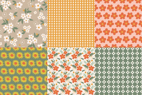 Reihe Stilvoller Nahtloser Muster Mit Blumen Vektorillustration — Stockvektor